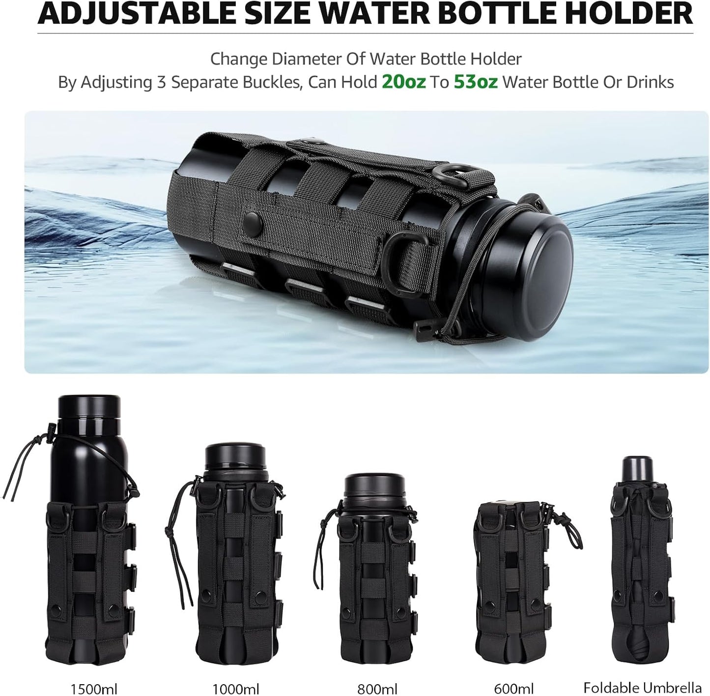 Molle Water Bottle Holder for Backpack,Drawstring Adjustable Straps Molle Pouches for 20 32 36 48 Oz Water Bottle