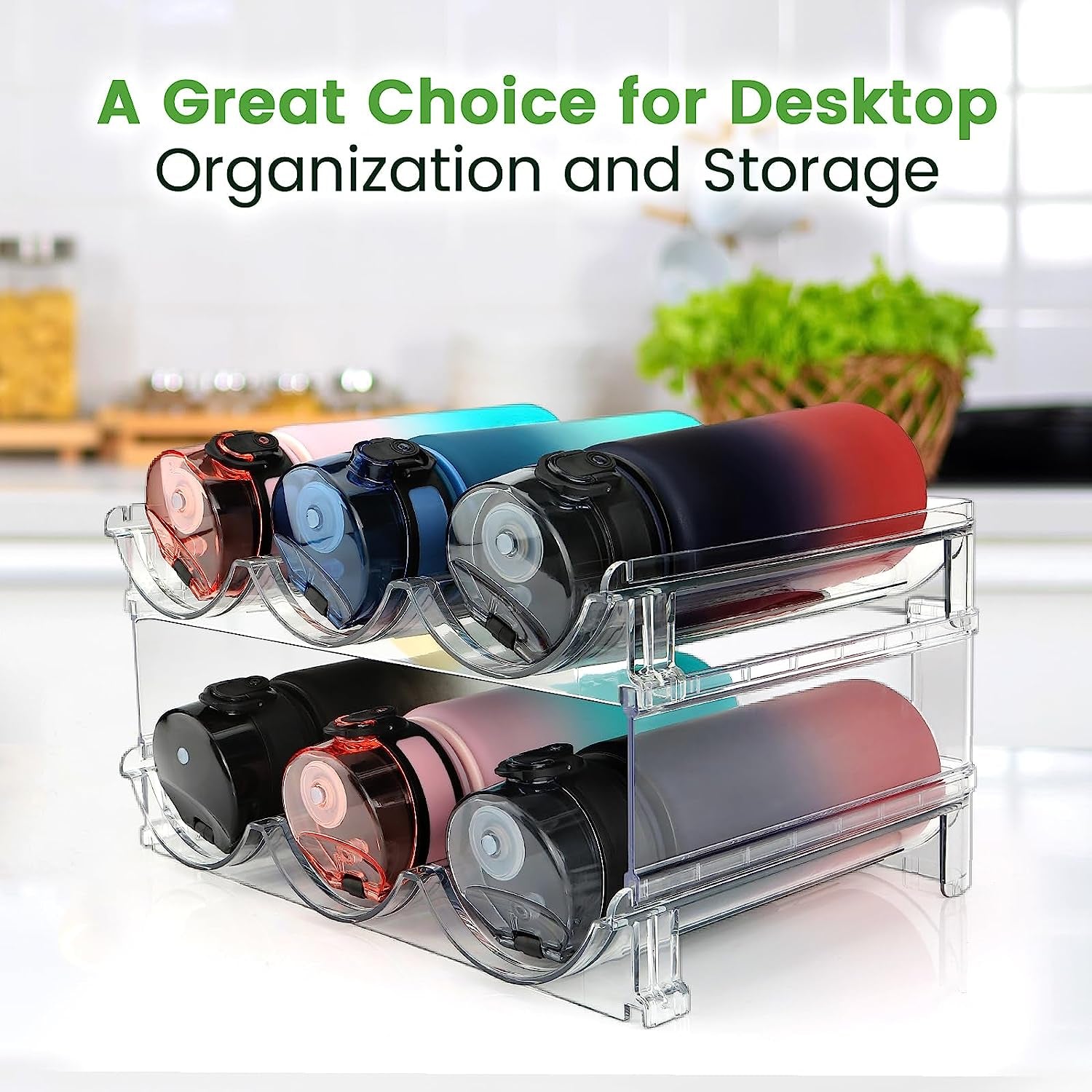 Spospo Water Bottle Organizer for Cabinet, Water Bottle Storage Organizer, 2 Packs Water Bottle Storage Rack, Water Bottle Holder for Cabinet, Stackable Water Bottle Storage Rack