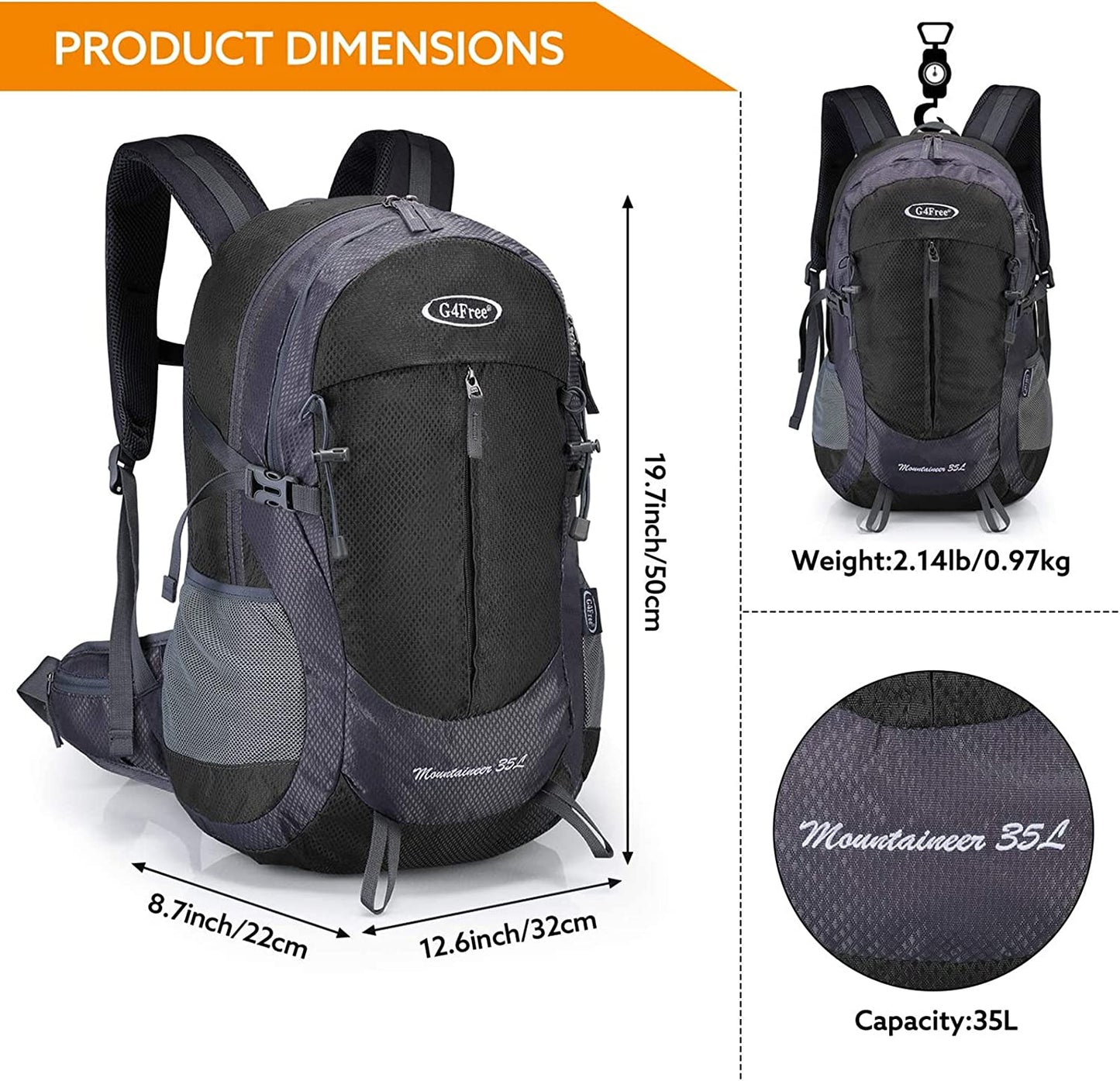 G4Free 35L Hiking Backpack Water Resistant Outdoor Sports Travel Daypack Lightweight with Rain Cover for Women Men (Black)
